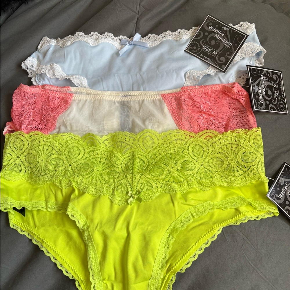 3-Pack Lace Bikini Panties in Light Blue, Coral Pink & Neon Yellow
